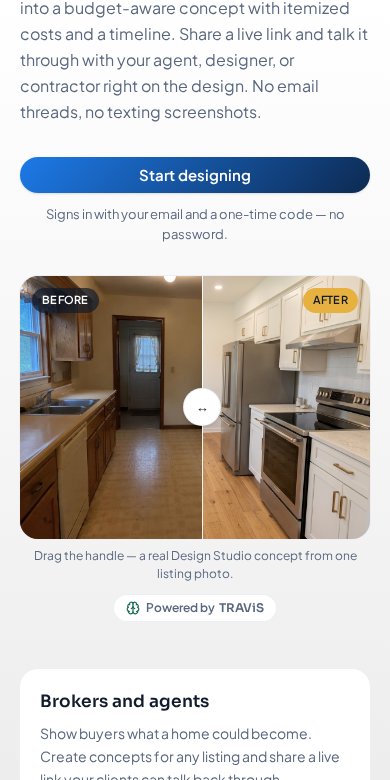 Design Studio page with a before and after remodel slider