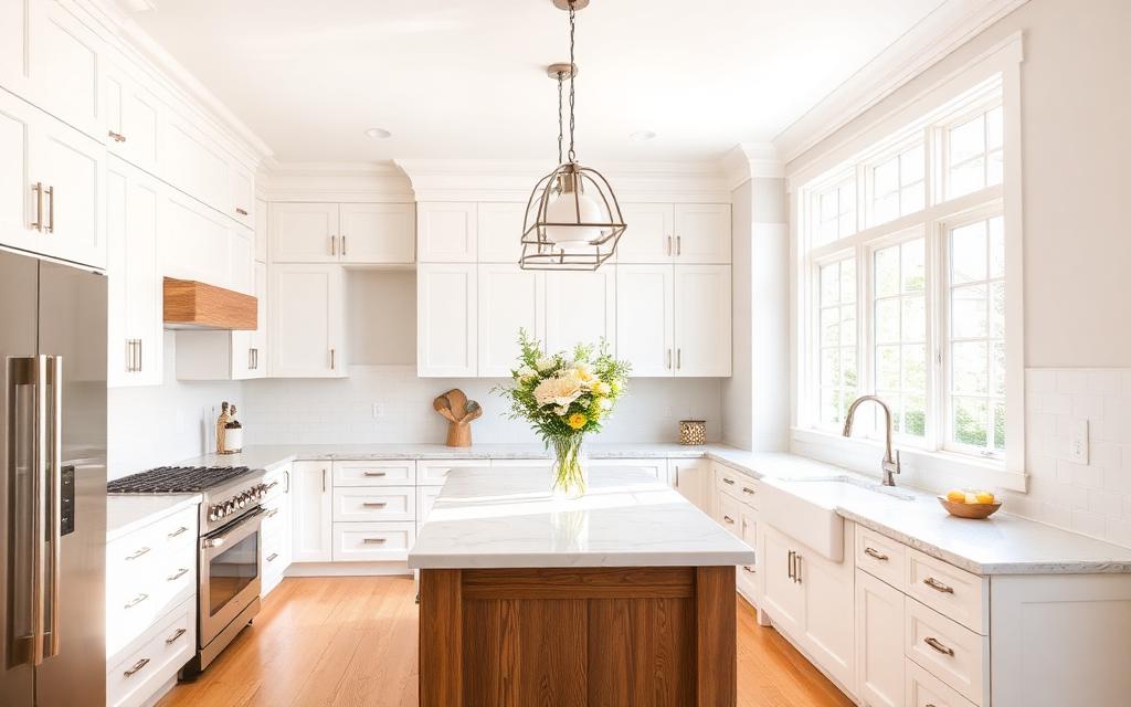 White shaker kitchen, oak island